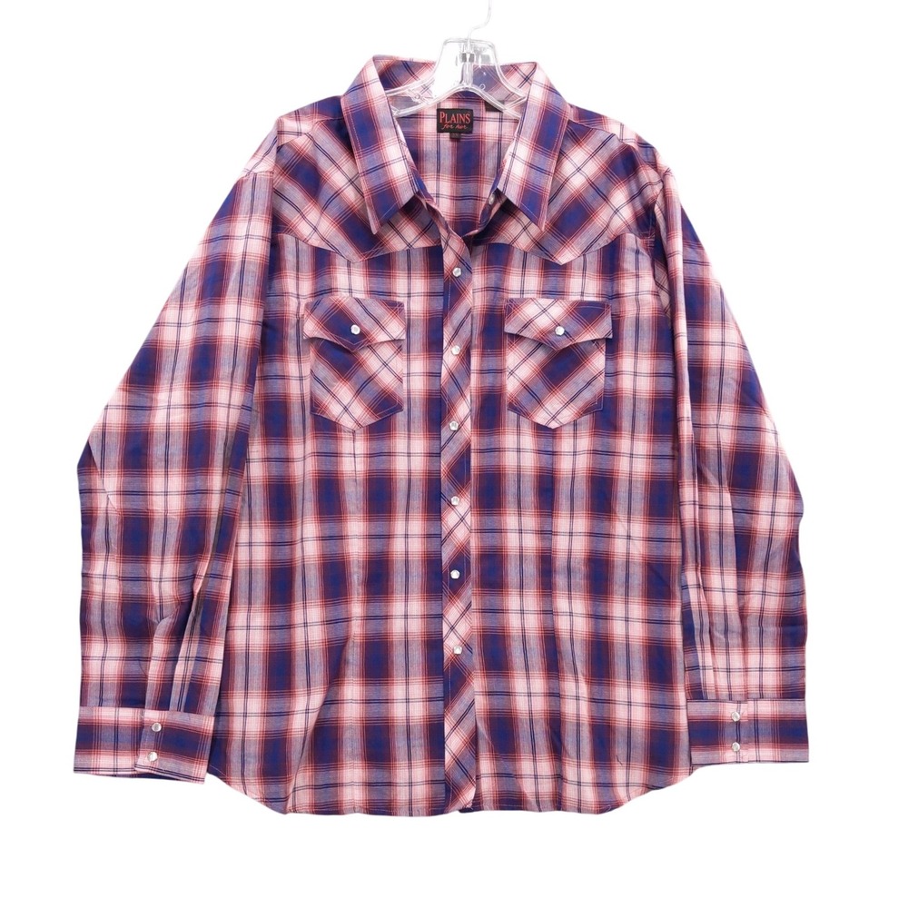 Plains Western Shirt Plaid Long‎ Sleeve Pearl Snap Front 3X